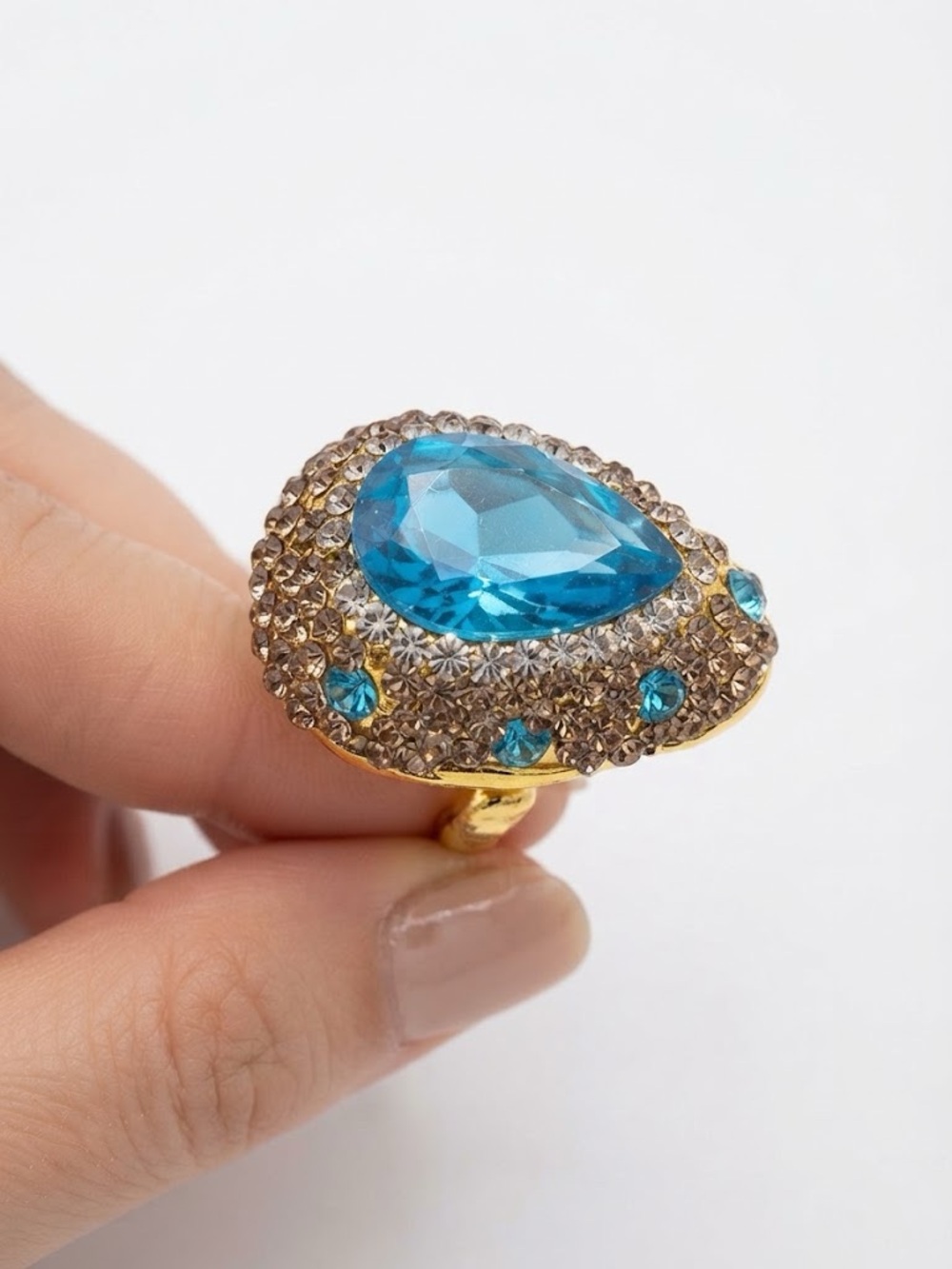 Turquoise Blue Crystal Pear Statement Ring with Rhinestone Pavé